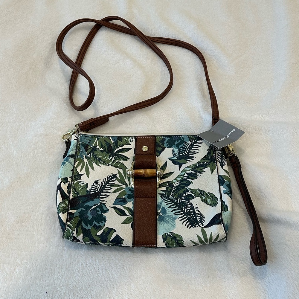 Liz Claiborne Green and Brown Leaf Print Crossbody Bag